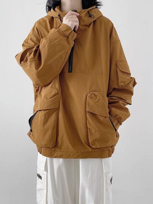 春季款【日系复古纯色连帽 套头大口袋】冲锋衣 中性风 户外机能工装外套 男女潮 商品图2