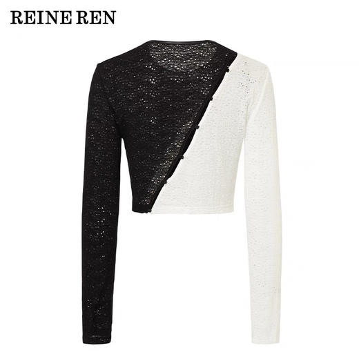 ⿊⽩撞⾊拼接镂空⻓袖上⾐ 商品图4