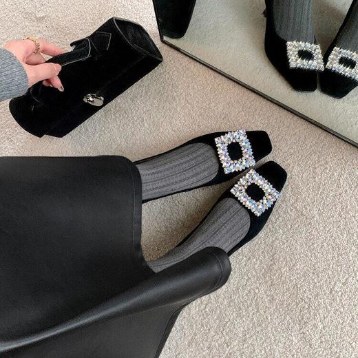 羊反皮水钻方扣鞋女浅口单鞋早春新款低帮粗跟鞋中跟方头浅口单鞋女 商品图4