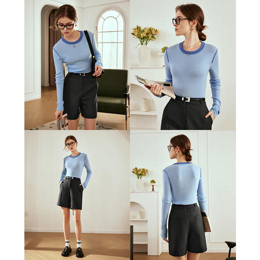 OLrain欧芮儿蓝色针织衫女秋冬2023年新款简约百搭撞色薄款套头衫 商品图2