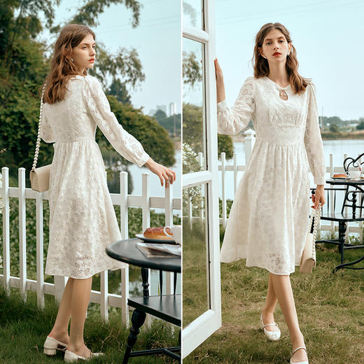 OLrain欧芮儿小香风杏色连衣裙女早春2024新款千金感收腰蕾丝长裙 商品图4