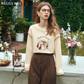 OLrain欧芮儿美式复古卫衣女早春2024新款设计感宽松圆领T恤上衣
