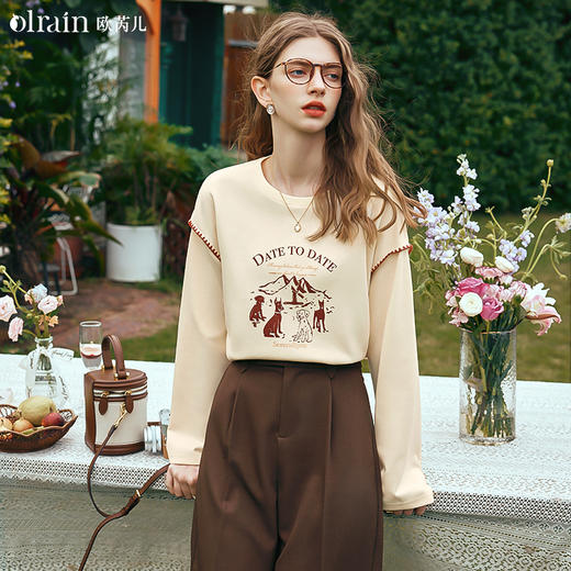 OLrain欧芮儿美式复古卫衣女早春2024新款设计感宽松圆领T恤上衣 商品图0
