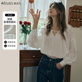 OLrain欧芮儿米白色蕾丝雪纺衫女初秋2023新款法式宽松灯笼袖小衫