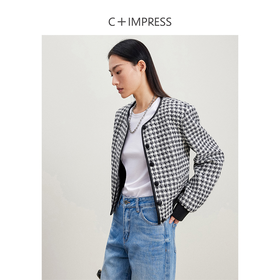 西嘉C+IMPRESS/西嘉羊毛黑白格小香风外套女撞色花呢新款气质短款夹克WT2401028