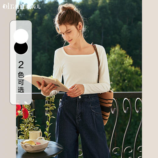 OLrain欧芮儿白色长袖T恤女早春2024新款修身显瘦坑条方领打底衫 商品图0
