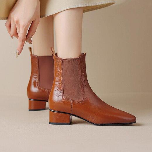牛皮切尔西靴裸靴纯色方头粗跟中跟套筒女式单靴潮 商品图0
