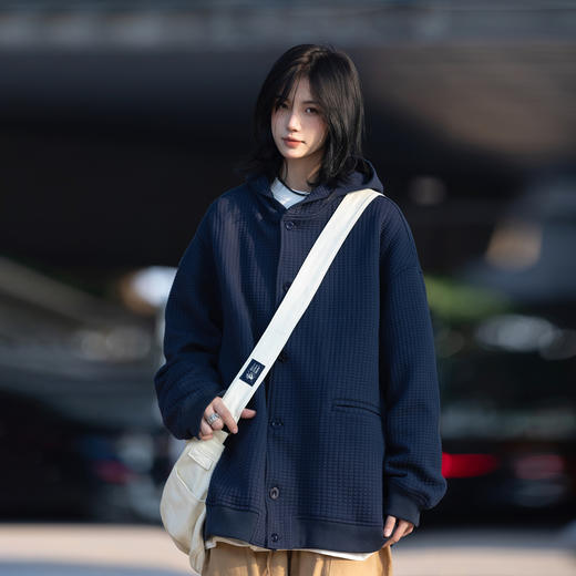 春秋季新款【休闲风华夫格外套女 纯色连帽开衫】夹克外套潮 商品图6