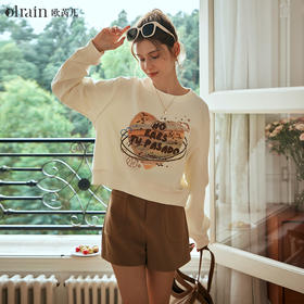 OLrain欧芮儿杏色圆领卫衣女早春2024年新款百搭宽松休闲刺绣上衣
