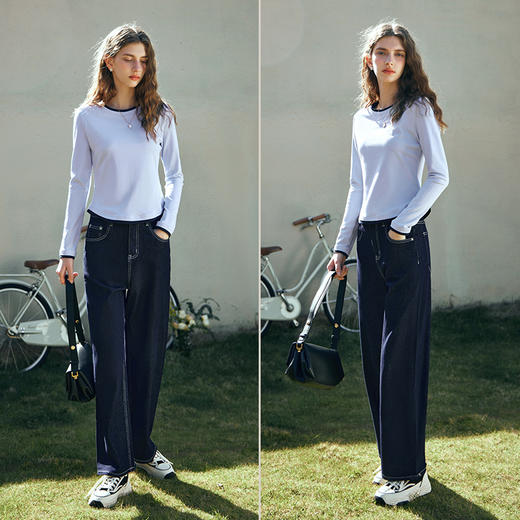 OLrain欧芮儿浅蓝色长袖T恤女早春2024年新款百搭高弹简约上衣 商品图4