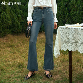 OLrain欧芮儿复古蓝牛仔裤女早春2024年新款显瘦弹力微喇长裤