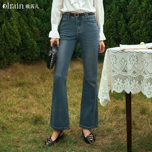 OLrain欧芮儿复古蓝牛仔裤女早春2024年新款显瘦弹力微喇长裤 商品图0
