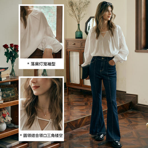 OLrain欧芮儿米白色蕾丝雪纺衫女初秋2023新款法式宽松灯笼袖小衫 商品图3