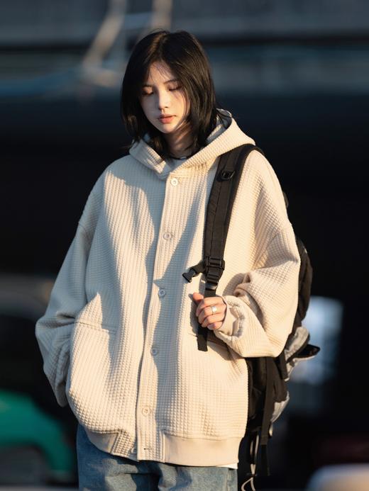 春秋季新款【休闲风华夫格外套女 纯色连帽开衫】夹克外套潮 商品图3