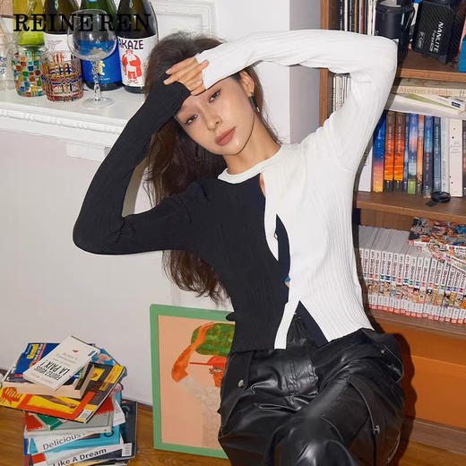 ⿊⽩撞⾊⾼捻冰丝麻长袖上衣 商品图2