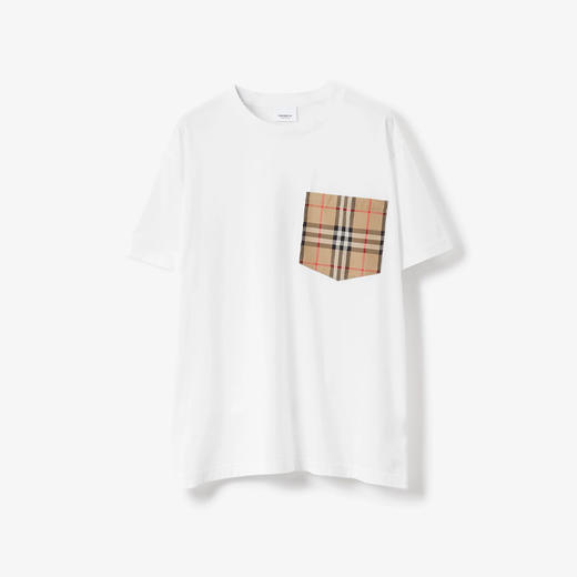 BURBERRY 巴宝莉 女士格纹口袋棉质宽松圆领短袖T恤 白色 8073031 A1464 商品图0