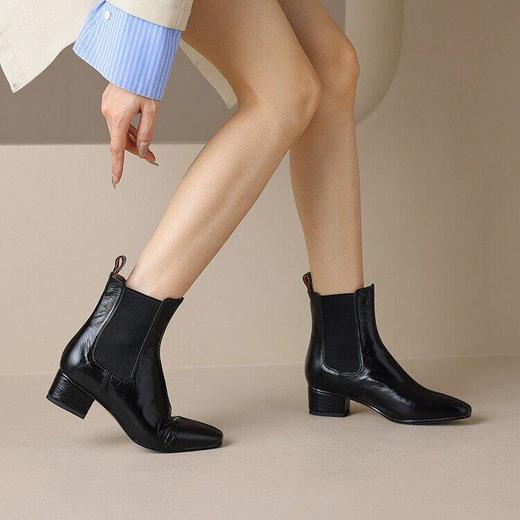 牛皮切尔西靴裸靴纯色方头粗跟中跟套筒女式单靴潮 商品图6