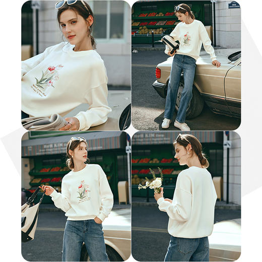 OLrain欧芮儿杏色圆领卫衣女早春2024年新款时尚百搭宽松绣花上衣 商品图2