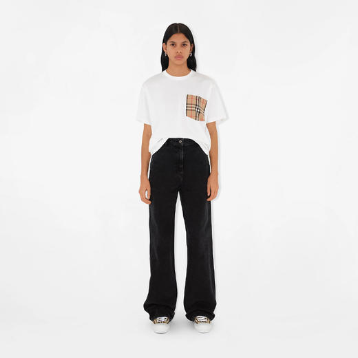 BURBERRY 巴宝莉 女士格纹口袋棉质宽松圆领短袖T恤 白色 8073031 A1464 商品图1