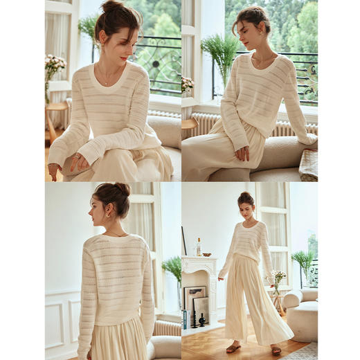 OLrain欧芮儿杏白色针织衫女早春2024年新款镂空宽松圆领套头上衣 商品图2