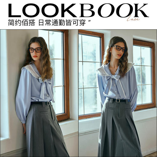 OLrain欧芮儿法式蓝色雪纺衫女早春2024新款蕾丝荷叶领小个子衬衫 商品图3