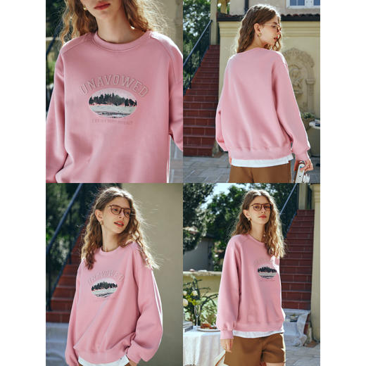 OLrain欧芮儿美式粉色卫衣女早春2024新款复古圆领减龄印花上衣 商品图2