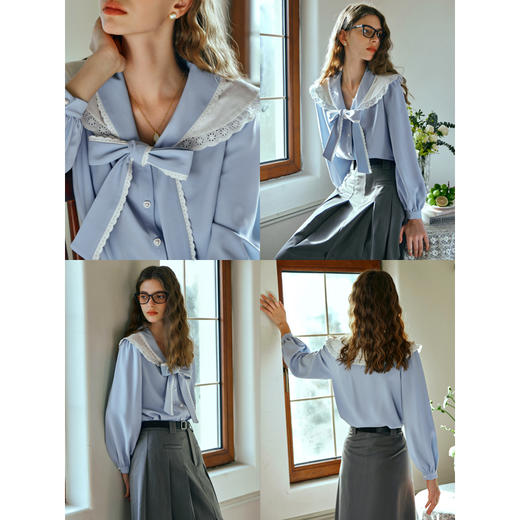 OLrain欧芮儿法式蓝色雪纺衫女早春2024新款蕾丝荷叶领小个子衬衫 商品图2