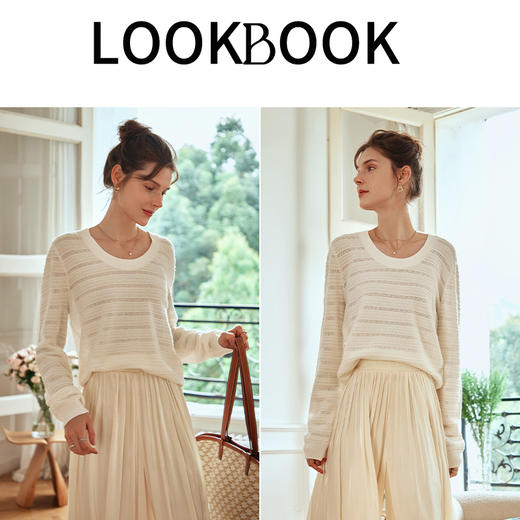 OLrain欧芮儿杏白色针织衫女早春2024年新款镂空宽松圆领套头上衣 商品图4