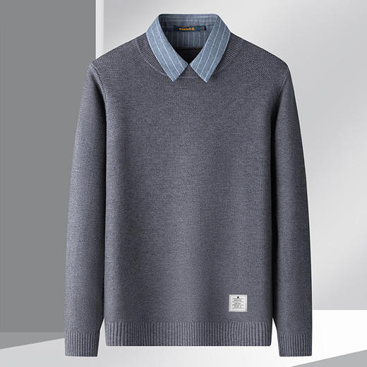 27DKXM7932A【华夫格】罗蒙假两件针织衫男春秋衬衫男长袖毛衣男士针织衫男式毛衣 商品图1