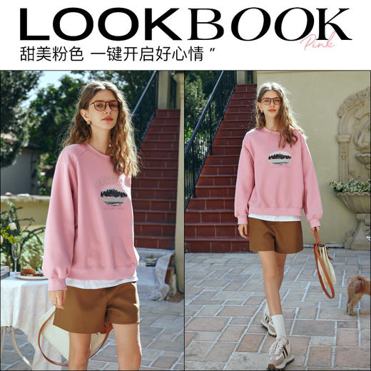 OLrain欧芮儿美式粉色卫衣女早春2024新款复古圆领减龄印花上衣 商品图4