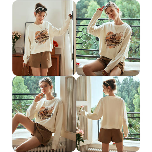 OLrain欧芮儿杏色圆领卫衣女早春2024年新款百搭宽松休闲刺绣上衣 商品图2