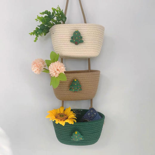 可爱圣诞树创意储物手工家用三连挂门后装饰口罩钥匙流苏三层挂篮 商品图0