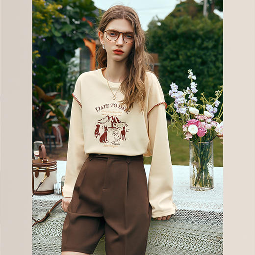 OLrain欧芮儿美式复古卫衣女早春2024新款设计感宽松圆领T恤上衣 商品图1