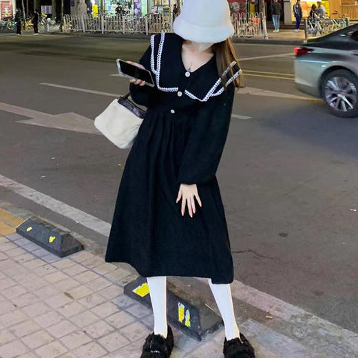 2025新款【春秋女装连衣裙 设计感双层海军领】灯芯绒 收腰显瘦 a字裙 商品图5