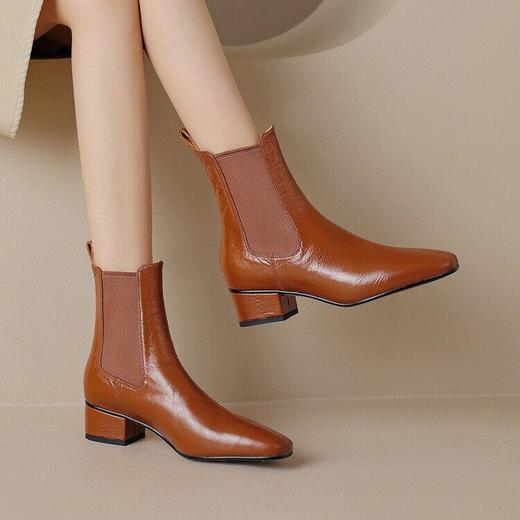 牛皮切尔西靴裸靴纯色方头粗跟中跟套筒女式单靴潮 商品图2