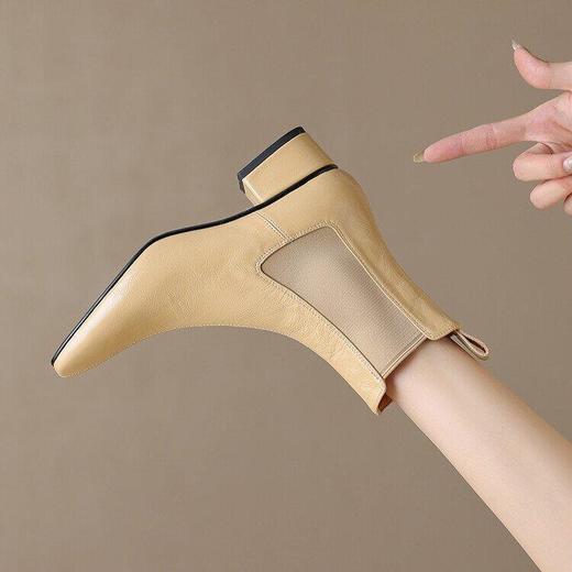 牛皮切尔西靴裸靴纯色方头粗跟中跟套筒女式单靴潮 商品图4