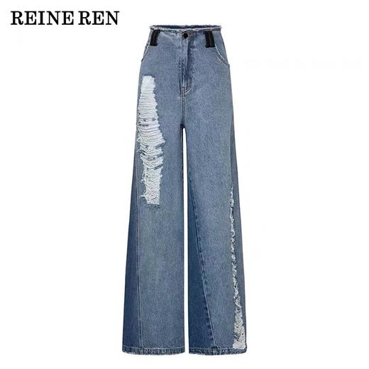 双色拼接⽜仔阔腿裤 商品图0