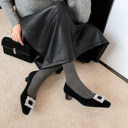 羊反皮水钻方扣鞋女浅口单鞋早春新款低帮粗跟鞋中跟方头浅口单鞋女 商品图3