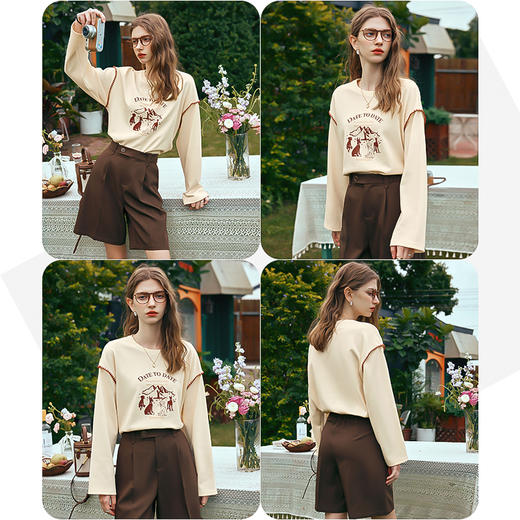 OLrain欧芮儿美式复古卫衣女早春2024新款设计感宽松圆领T恤上衣 商品图2