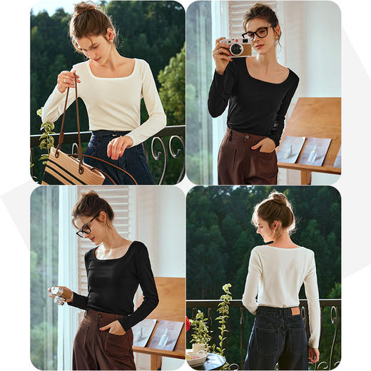 OLrain欧芮儿白色长袖T恤女早春2024新款修身显瘦坑条方领打底衫 商品图2