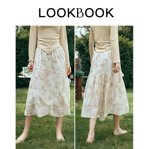 OLrain欧芮儿杏色半身裙女早春2024年新款不规则水墨印花高腰裙子 商品图4