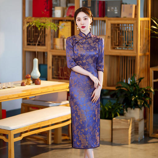 桑蚕丝内外真丝显瘦遮肚改良版全开襟旗袍裙HQ-171 商品图1