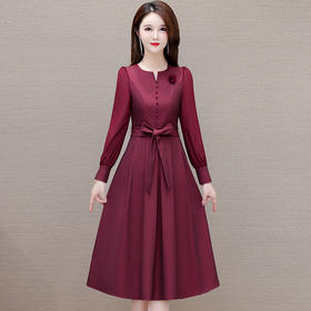 QYM-246590纯色连衣裙春季新款腰带裙气质优雅女装高腰长袖A字裙