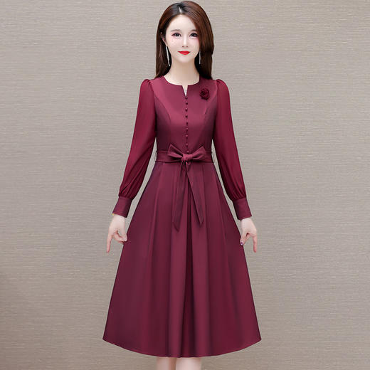 QYM-246590纯色连衣裙春季新款腰带裙气质优雅女装高腰长袖A字裙 商品图0