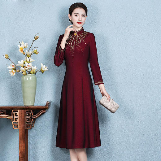 重工镶钻改良旗袍连衣裙秋冬款长袖宴会礼服高贵时尚QQX-8283 商品图0