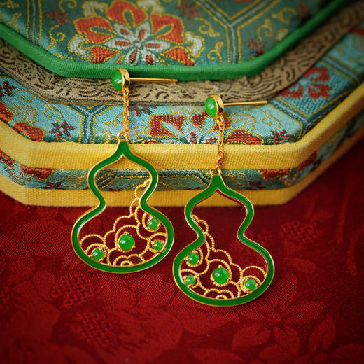 龢盒原创 18k金镶翡翠葫芦珐琅胸针/耳饰套 胸针耳环 商品图3