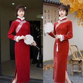 AQX-雪尼尔长袖毛领新娘红装旗袍新款复古改良新中式喜婆婆旗袍