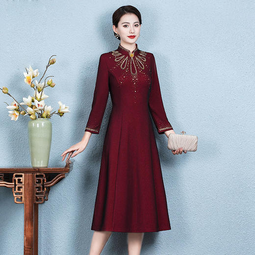 重工镶钻改良旗袍连衣裙秋冬款长袖宴会礼服高贵时尚QQX-8283 商品图2