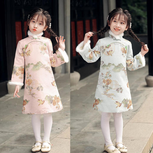AQX-小女孩改良新中式A版长袖旗袍新款复古中国风女童新年旗袍 商品图0