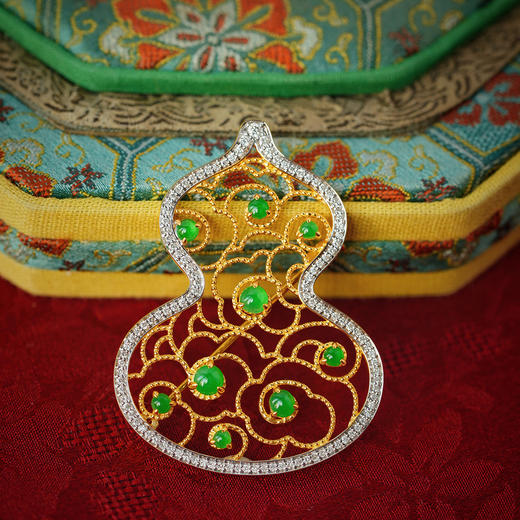 龢盒原创 18k金镶翡翠葫芦珐琅胸针/耳饰套 胸针耳环 商品图2